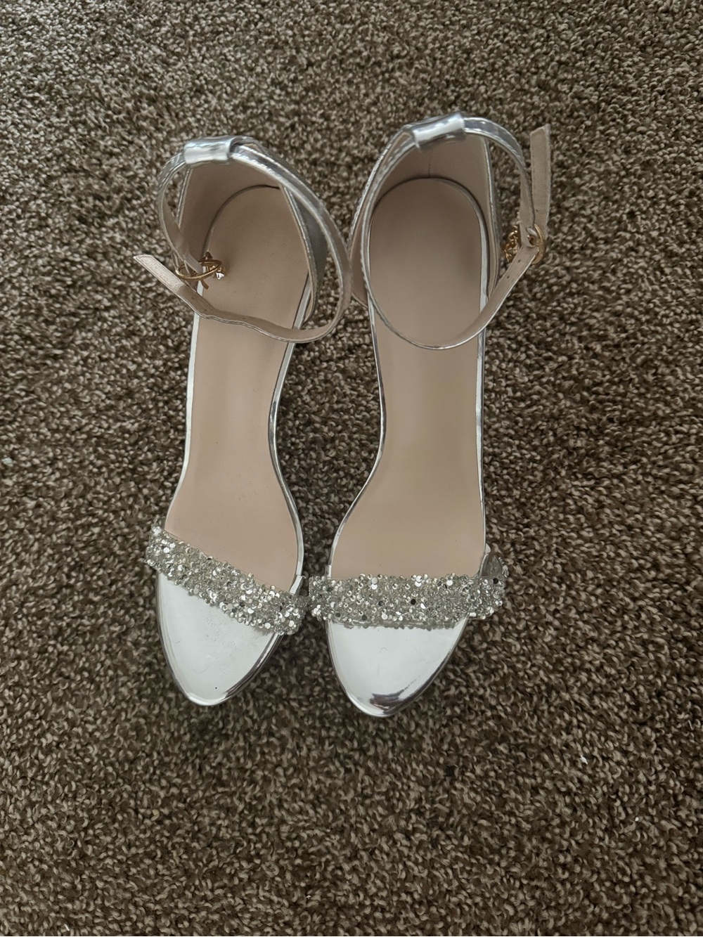 Silver Glitter Ankle-Strap Block Heel Sandals